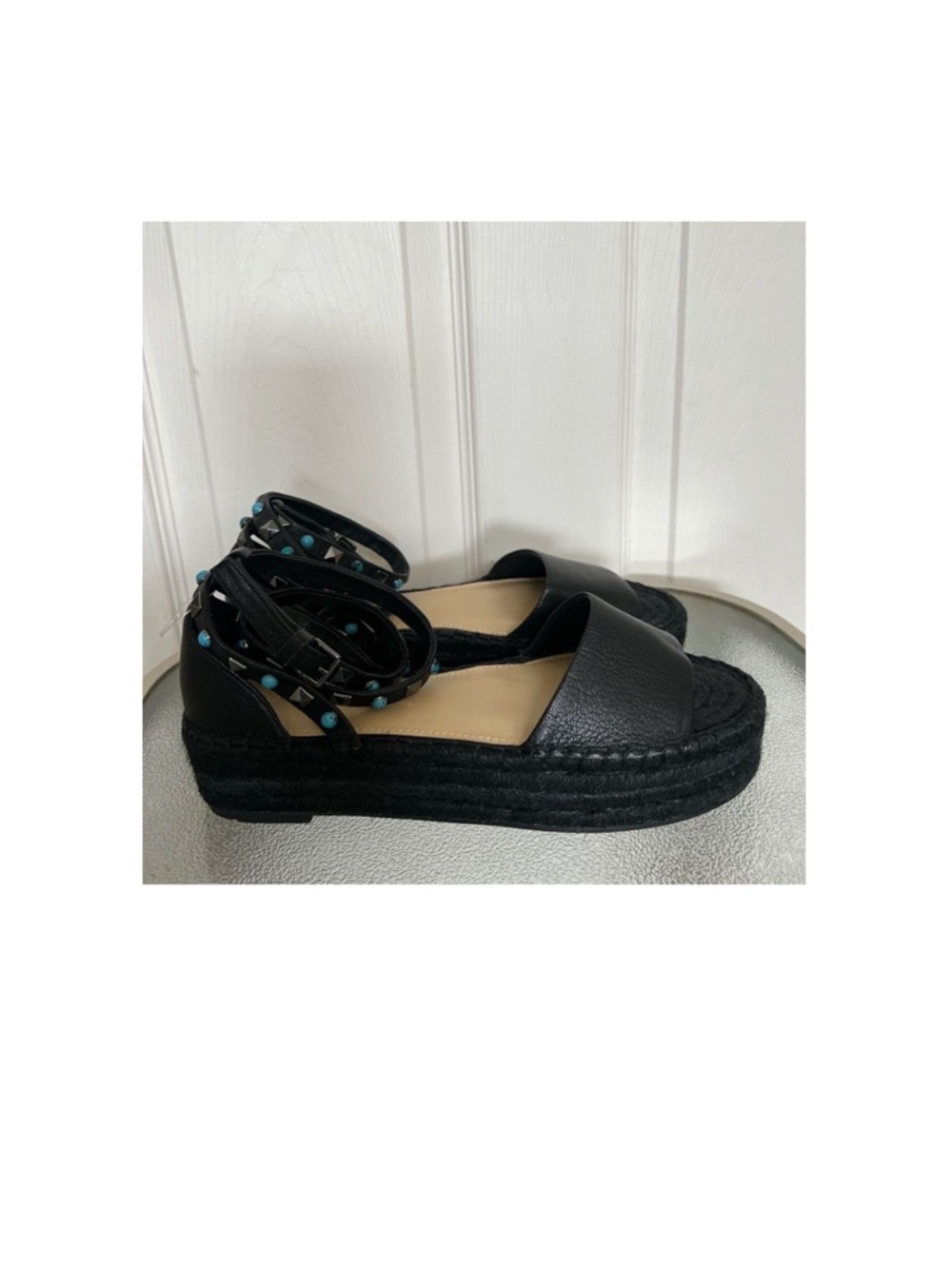 Marc Fisher NWOB Vajen Espadrille Leather Sandals In Black Size 7